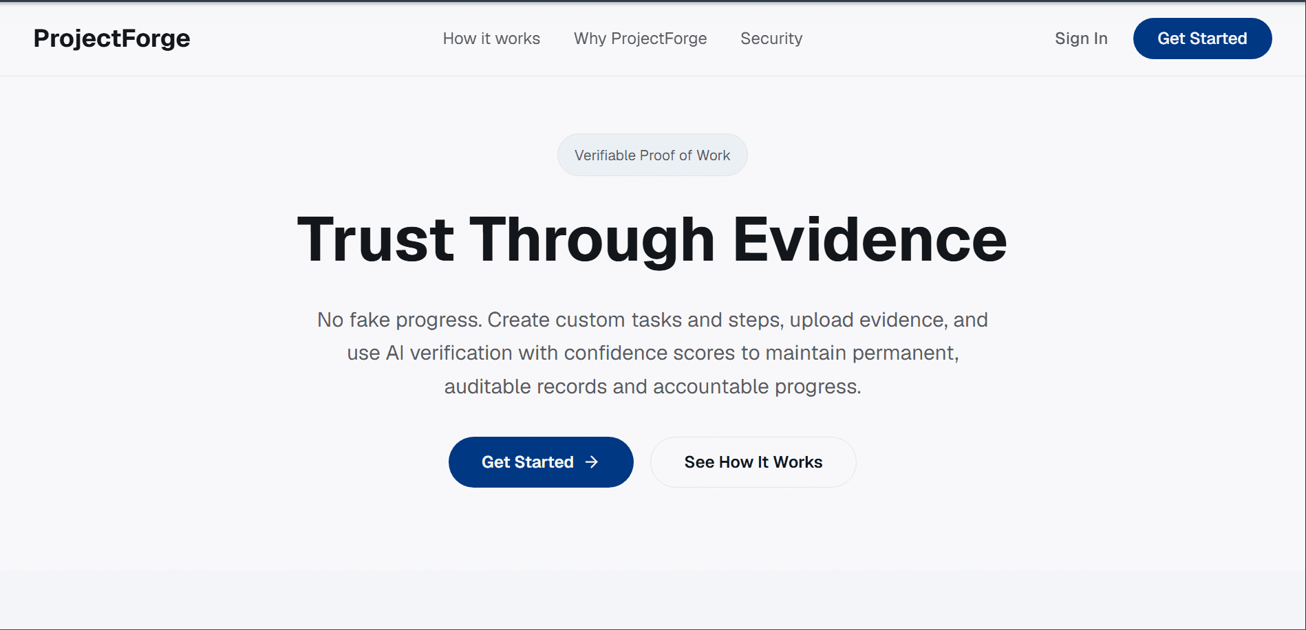 ProjectForge landing page — Trust Through Evidence